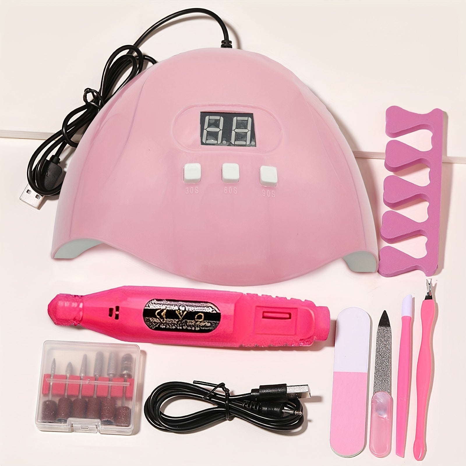 7-in-1 Nail Art Tool Set with Nail Lamp, Glue Drying Machine, Nail Polisher, Dead Skin Fork, Dead Skin Push, Finger Divider - Stainless Steel Kit for Professional Nail Artists